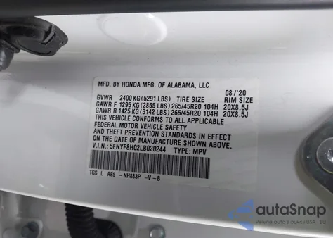 2020 Honda Passport Awd Elite z USA, uszkodzony, nr VIN 5FNYF8H02LB020244